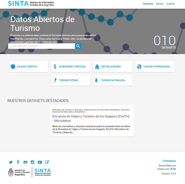 Pagina de inicio del sistema SINTA con accesos a sus conjuntos de datos abiertos